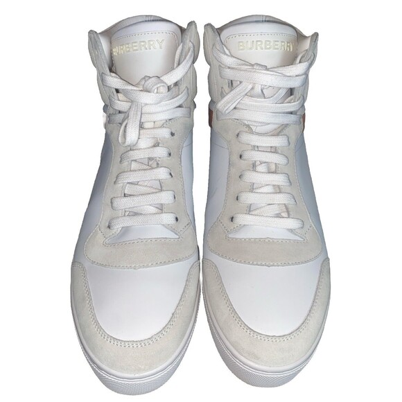Burberry - Men's Reeth Leather House Check High-Top Sneakers White Size 12 - Picture 2 of 16